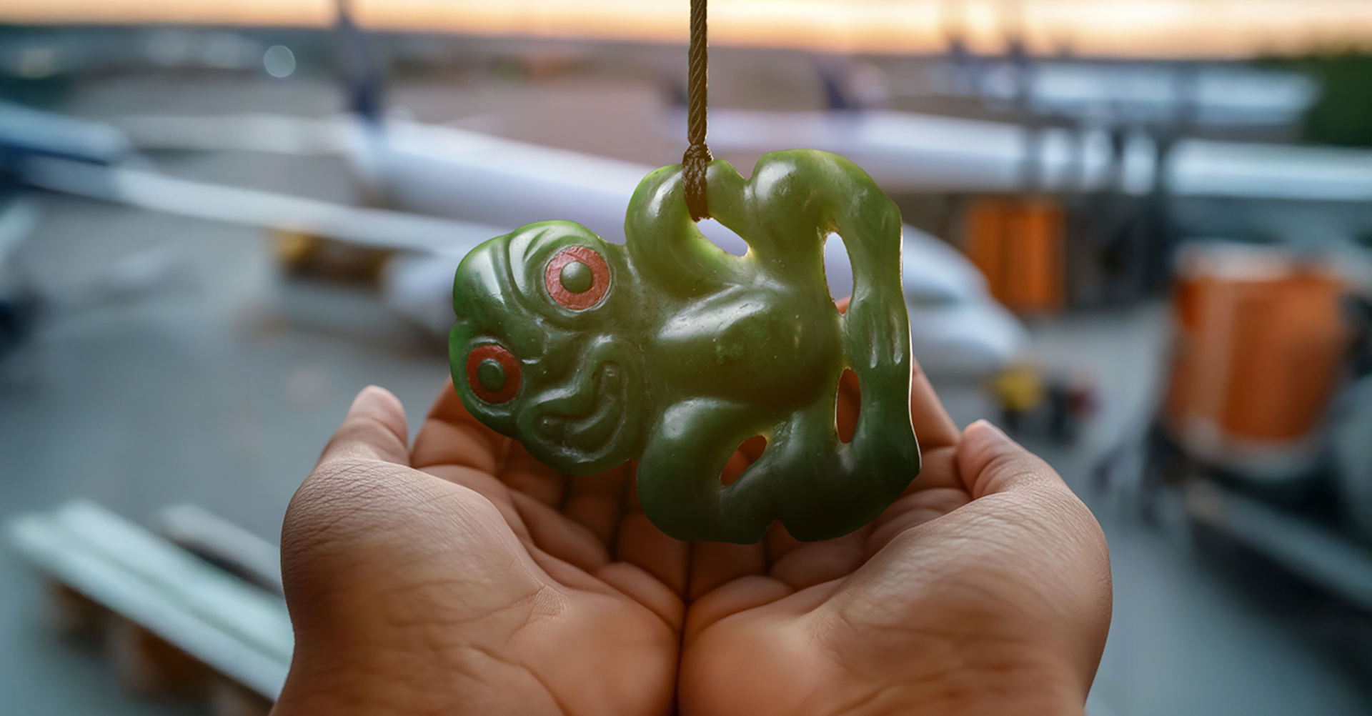 Hands holding a hei tiki pounamu